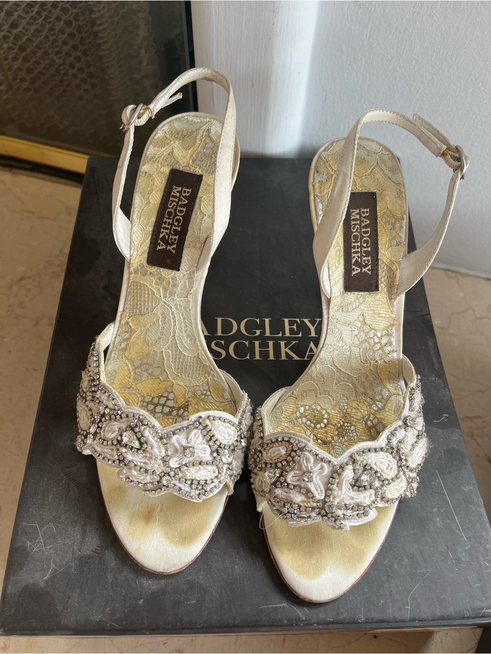 Badgley Mischka Ivory Beaded Open-Toe Slingback Heels